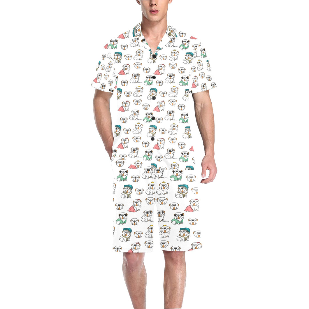 English Bulldog Pattern Print Design 03 Men's V-Neck Short Pajama Set