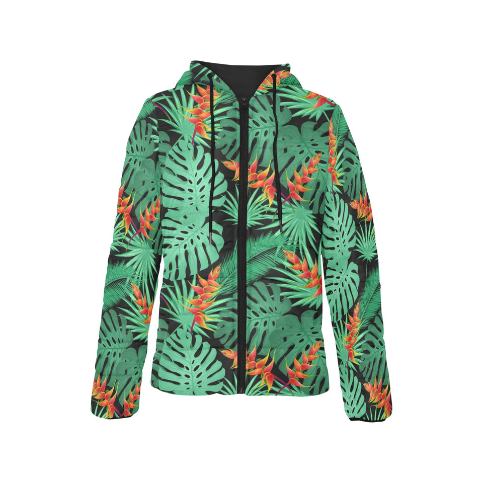 heliconia flower palm monstera leaves black backgr Women's Padded Hooded Jacket