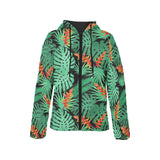 heliconia flower palm monstera leaves black backgr Women's Padded Hooded Jacket