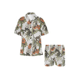 Monkey red hibiscus flower palm leaves floral patt Women's V-Neck Short Pajama Set