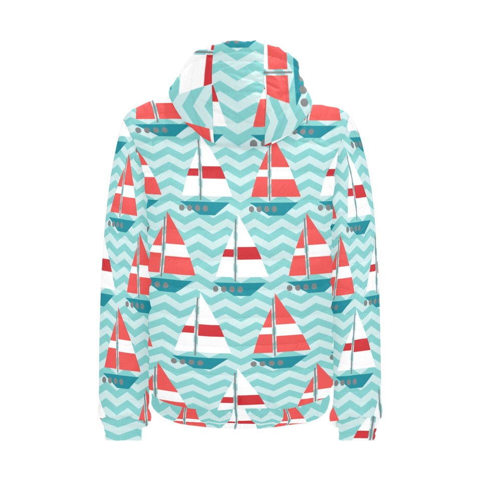 Red White sailboat wave background Men's Padded Hooded Jacket