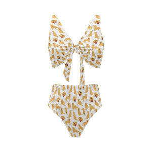 Golden Retriever Pattern Print Design 05 Chest Bowknot High Waisted Bikini Swimsuit