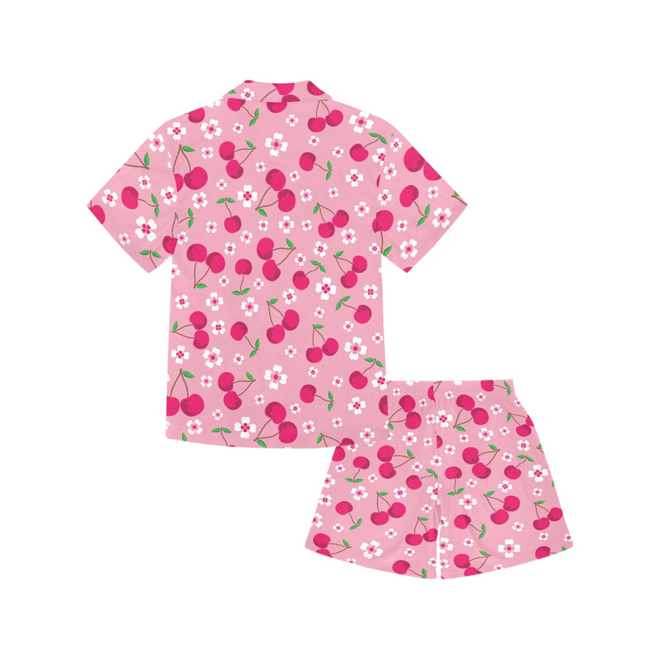 cherry flower pattern pink background Kids' Boys' Girls' V-Neck Short Pajama Set