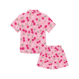 cherry flower pattern pink background Kids' Boys' Girls' V-Neck Short Pajama Set
