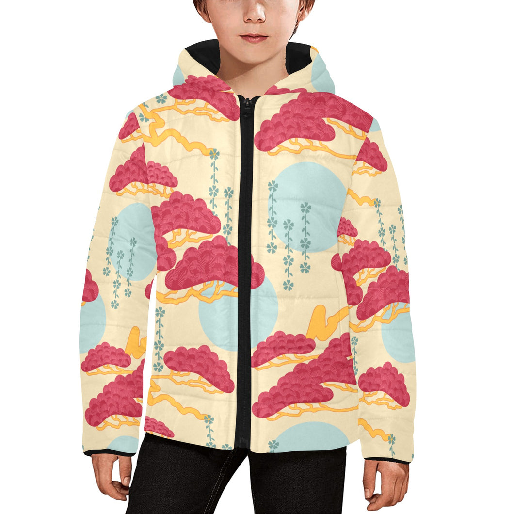 Red Bonsai gray sun japanese pattern Kids' Boys' Girls' Padded Hooded Jacket