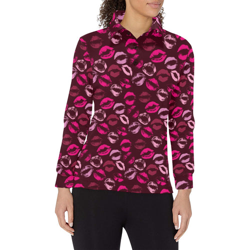 Lips Pattern Print Design 03 Women's Long Sleeve Polo Shirt