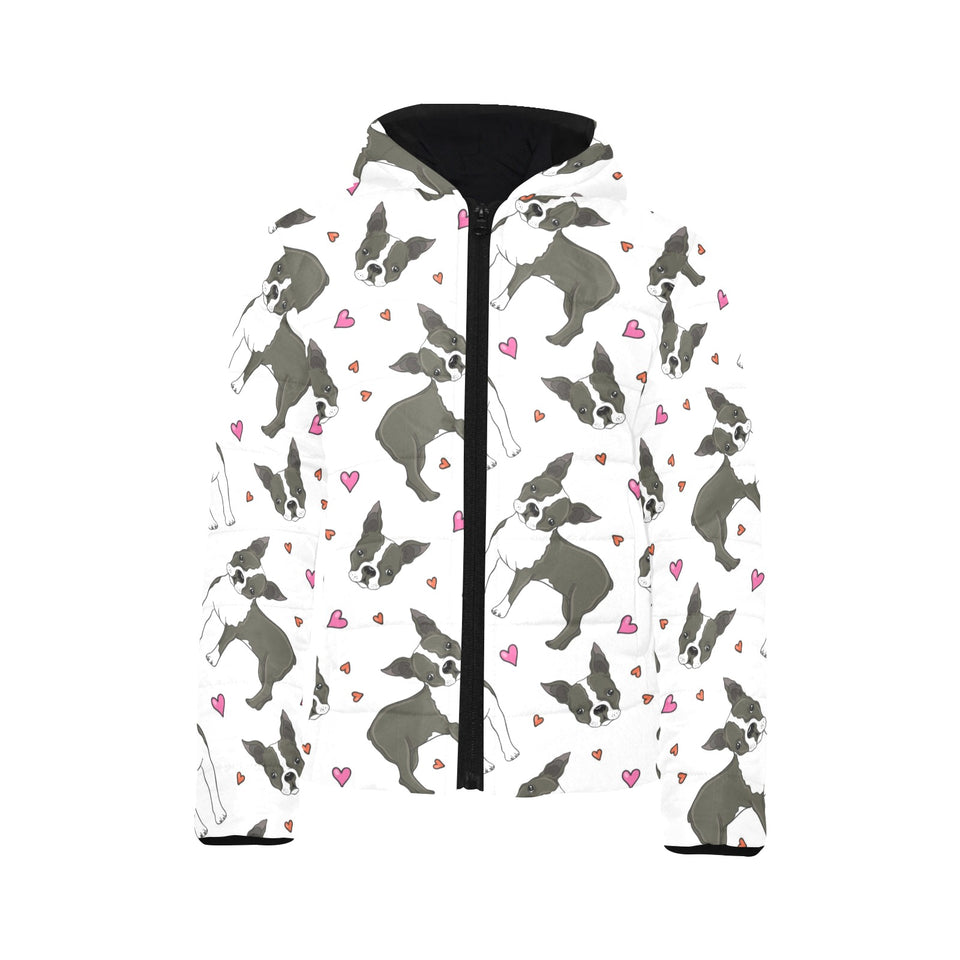Boston terrier dog hearts vector pattern Kids' Boys' Girls' Padded Hooded Jacket