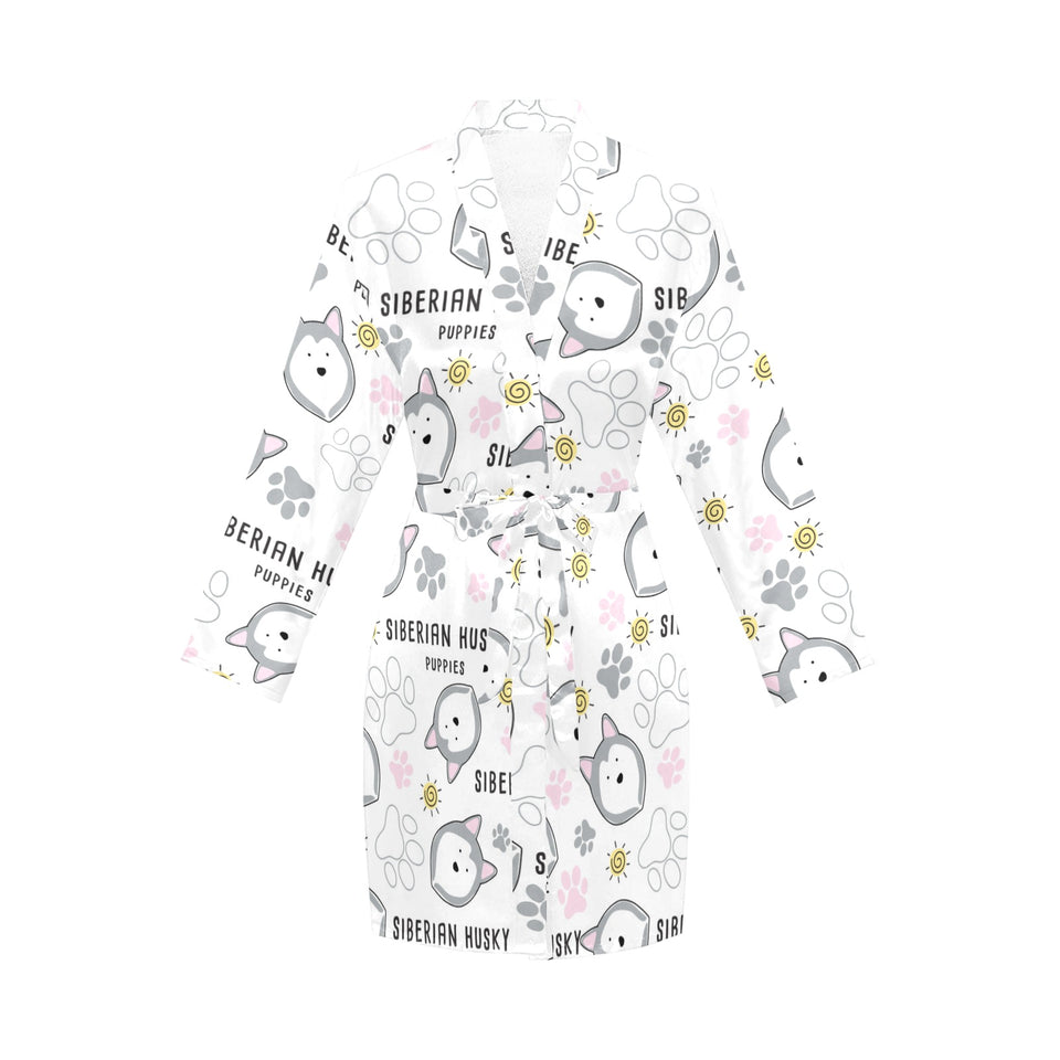 Siberian Husky design pattern Women's Long Sleeve Belted Night Robe