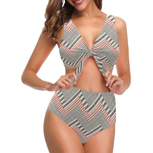 zigzag chevron striped pattern Chest Bowknot High Waisted Bikini Swimsuit