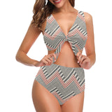 zigzag chevron striped pattern Chest Bowknot High Waisted Bikini Swimsuit
