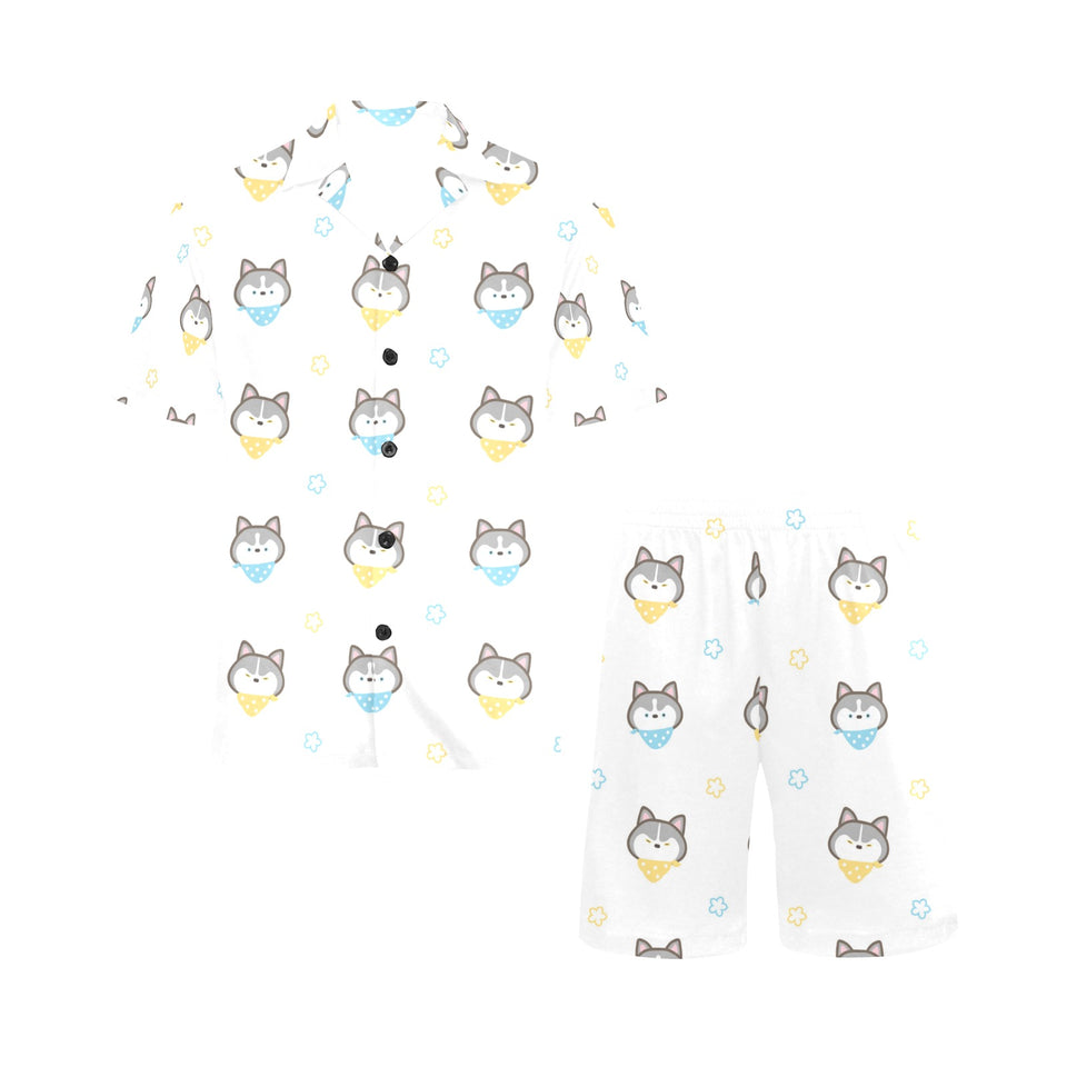 Cute Siberian Husky pattern Men's V-Neck Short Pajama Set