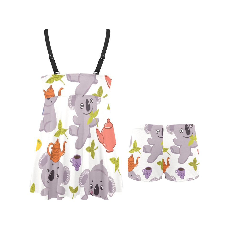 Cute koalas teapots tea Chest Sexy Pleated Two Piece Swim Dress