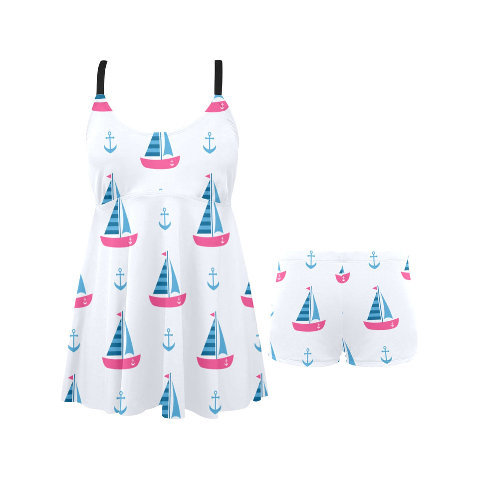 Sailboat anchor pattern Chest Sexy Pleated Two Piece Swim Dress