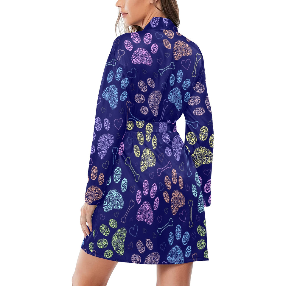 Dog Paws Pattern Print Design 02 Women's Long Sleeve Belted Night Robe