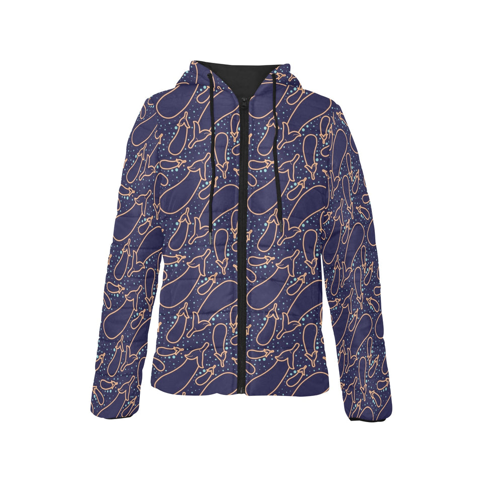 Eggplant Pattern Print Design 04 Women's Padded Hooded Jacket