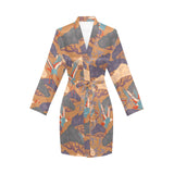 Bonsai bamboo stork japanese pattern brown theme Women's Long Sleeve Belted Night Robe