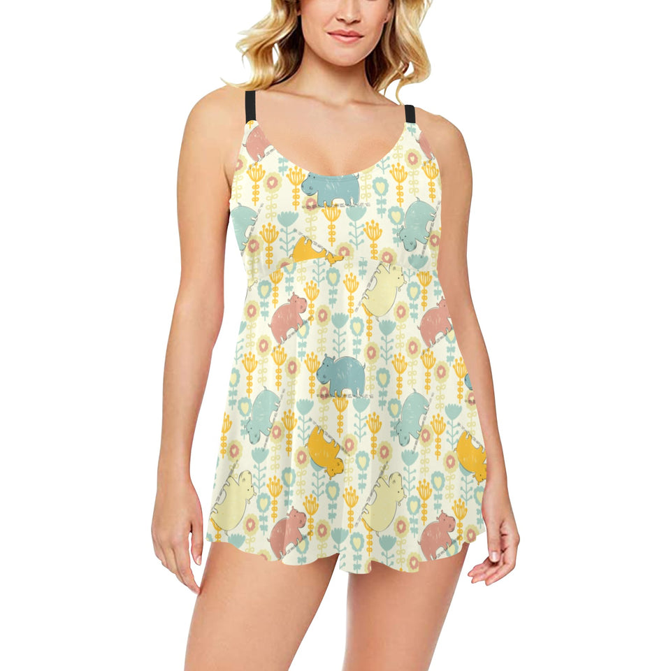 Hippopotamus Pattern Print Design 04 Chest Sexy Pleated Two Piece Swim Dress