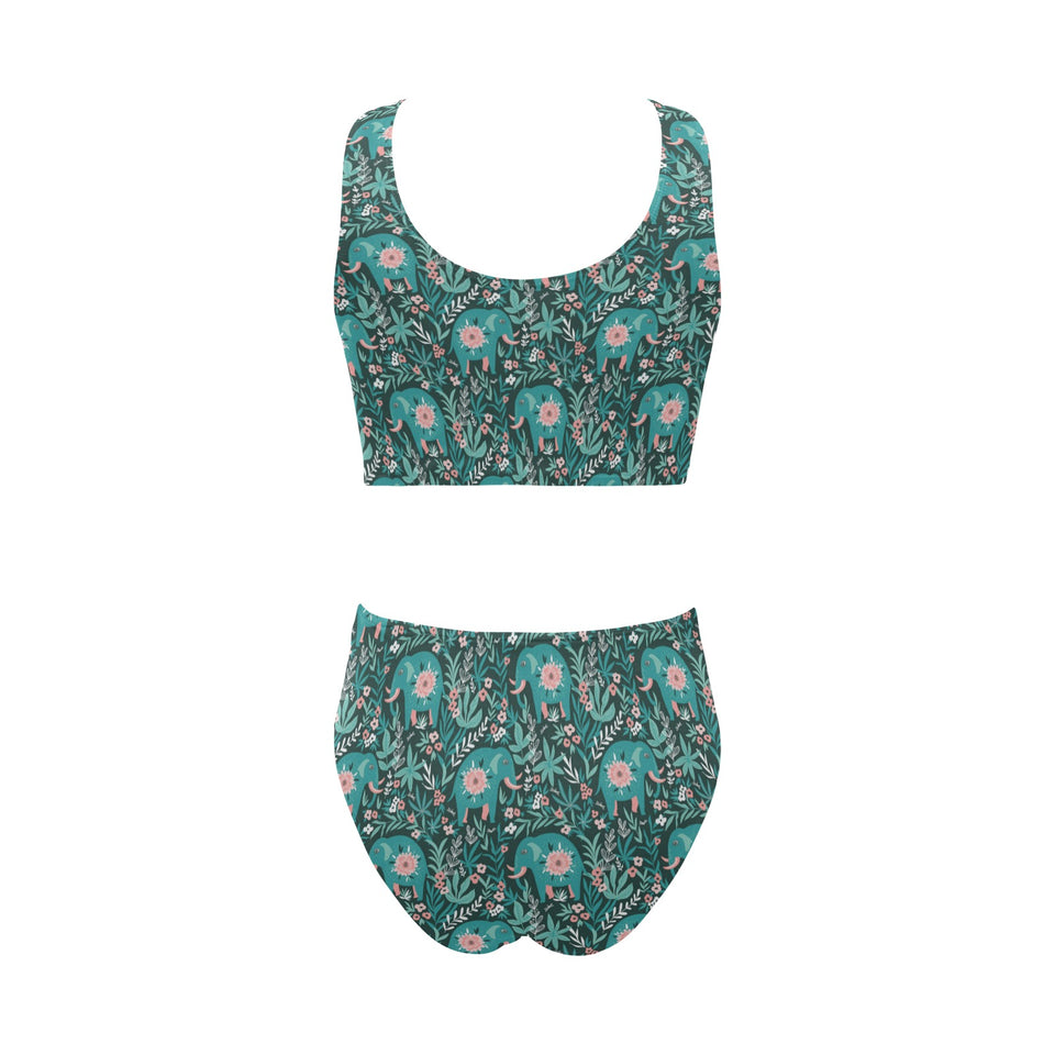 Elephants jungle pattern Chest Bowknot High Waisted Bikini Swimsuit