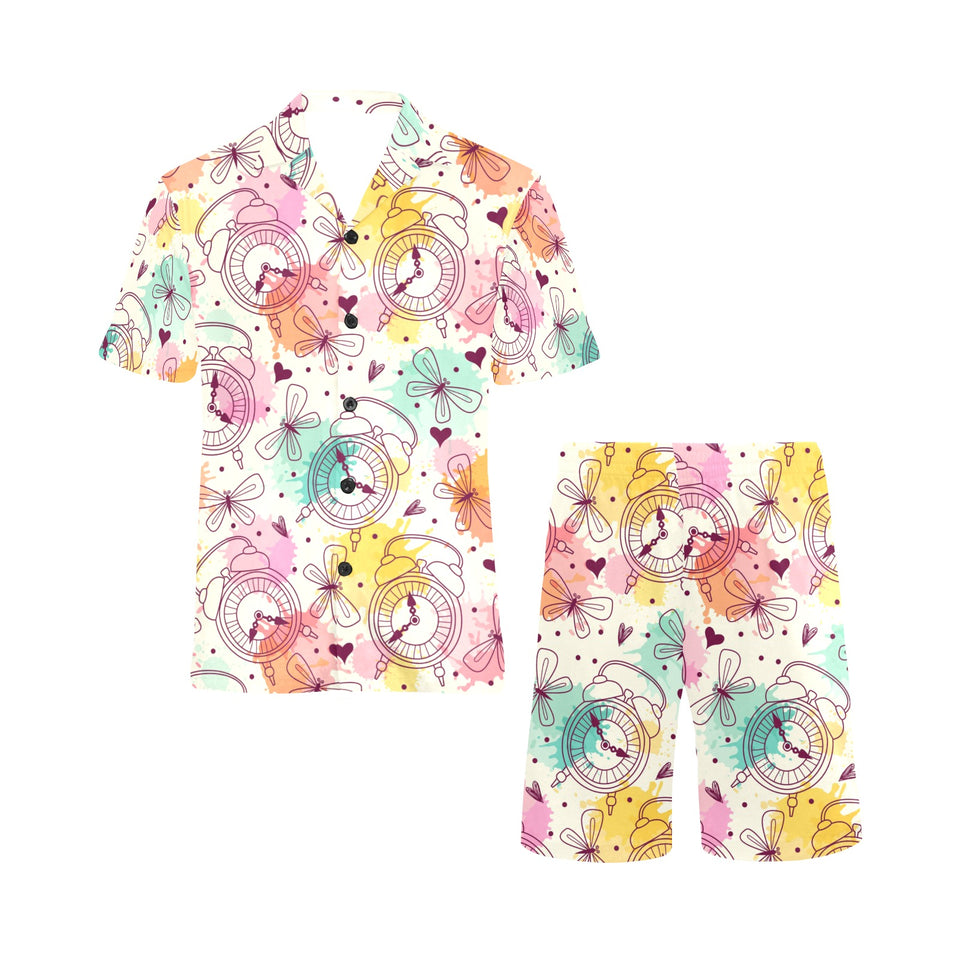 Clock butterfly pattern Men's V-Neck Short Pajama Set