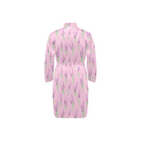Lavender pattern pink background Men's Long Sleeve Belted Night Robe