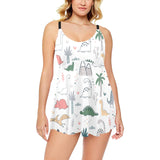 Cute cartoon dinosaurs tree pattern Chest Sexy Pleated Two Piece Swim Dress