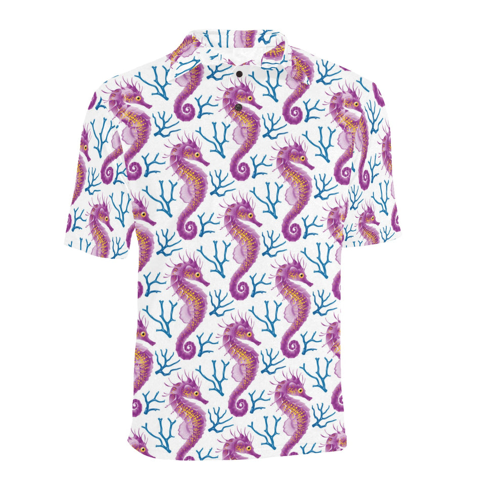 Purple seahorse blue coral pattern Men's All Over Print Polo Shirt