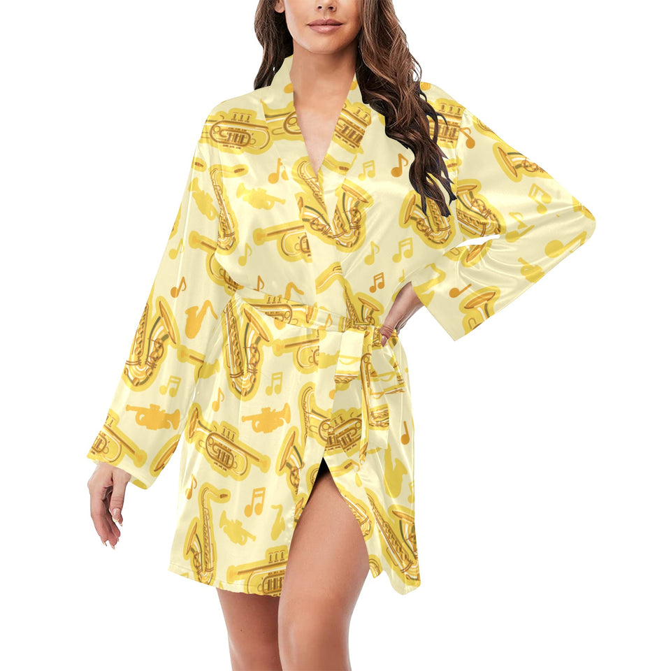 Saxophone cornet pattern yellow background Women's Long Sleeve Belted Night Robe