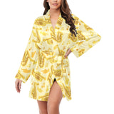Saxophone cornet pattern yellow background Women's Long Sleeve Belted Night Robe