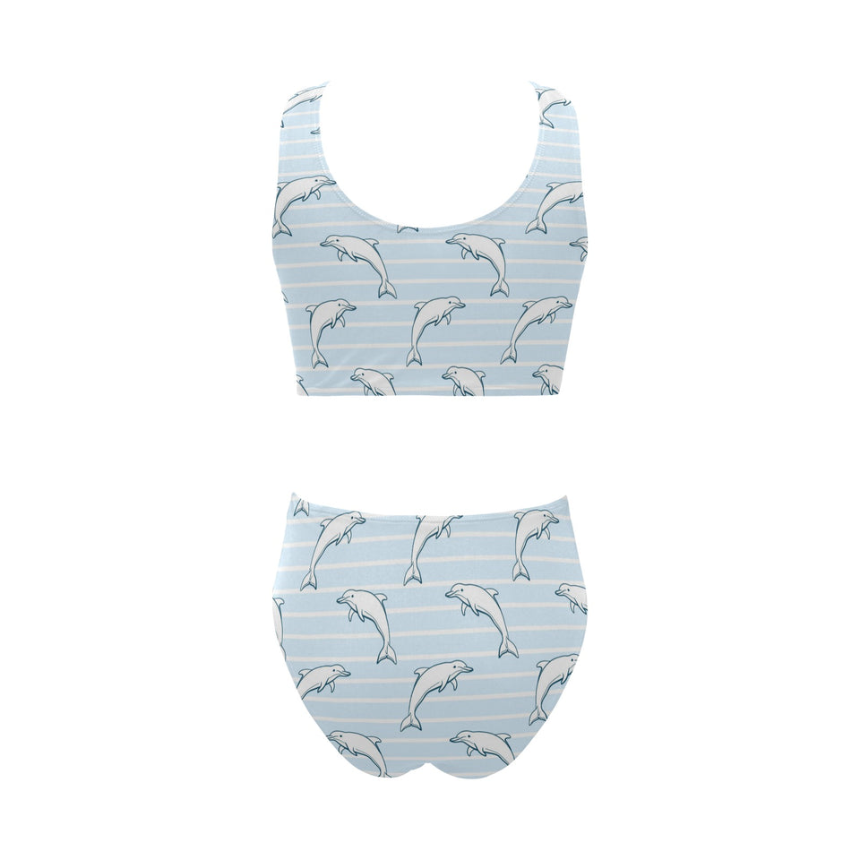 Dolphin blue striped background Chest Bowknot High Waisted Bikini Swimsuit