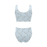 Dolphin blue striped background Chest Bowknot High Waisted Bikini Swimsuit