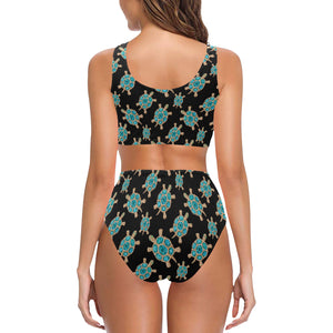 Sea turtle blue stone pattern Chest Bowknot High Waisted Bikini Swimsuit