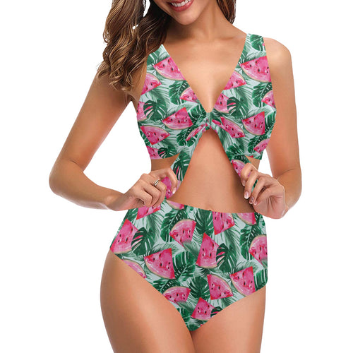 Watermelons tropical palm leaves pattern Chest Bowknot High Waisted Bikini Swimsuit