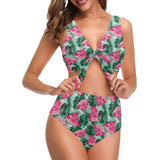 Watermelons tropical palm leaves pattern Chest Bowknot High Waisted Bikini Swimsuit