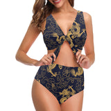 Gold dragon pattern Chest Bowknot High Waisted Bikini Swimsuit