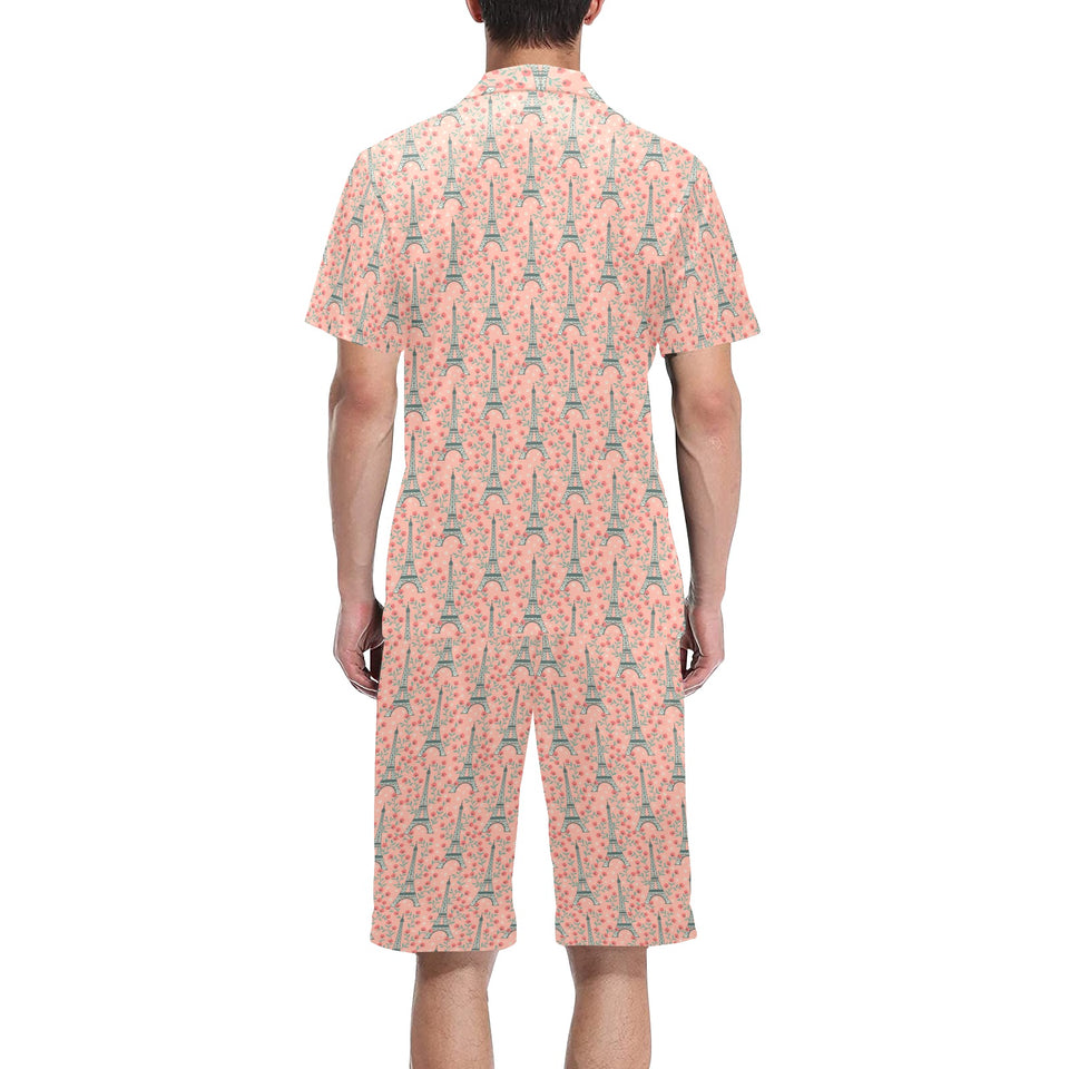Eiffel Tower Flower Pattern Design 03 Men's V-Neck Short Pajama Set