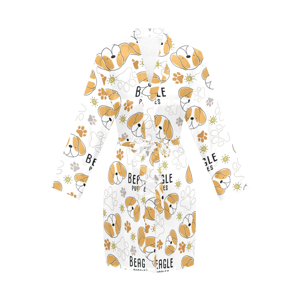 Cute beagle dog pattern background Women's Long Sleeve Belted Night Robe