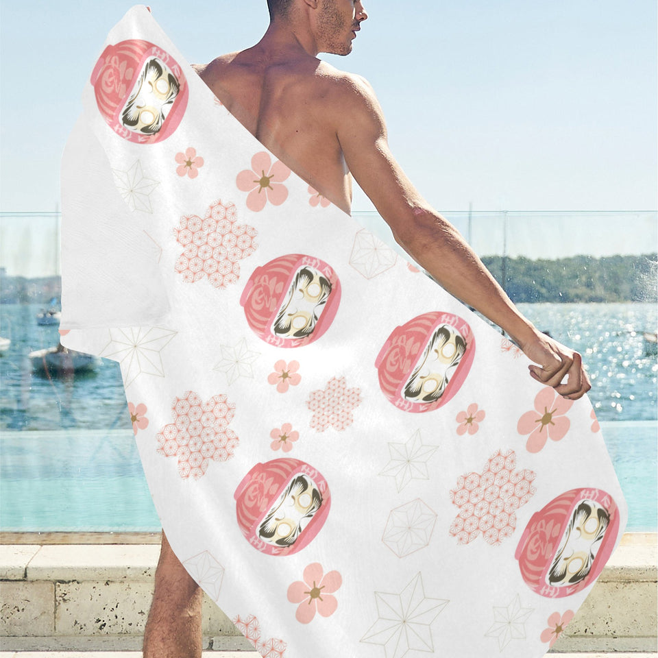 Daruma japanese wooden doll cherry blossom flower Beach Towel