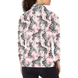 Zebra pink flower background Women's Long Sleeve Polo Shirt