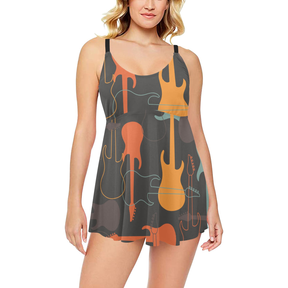 electric guitars pattern Chest Sexy Pleated Two Piece Swim Dress