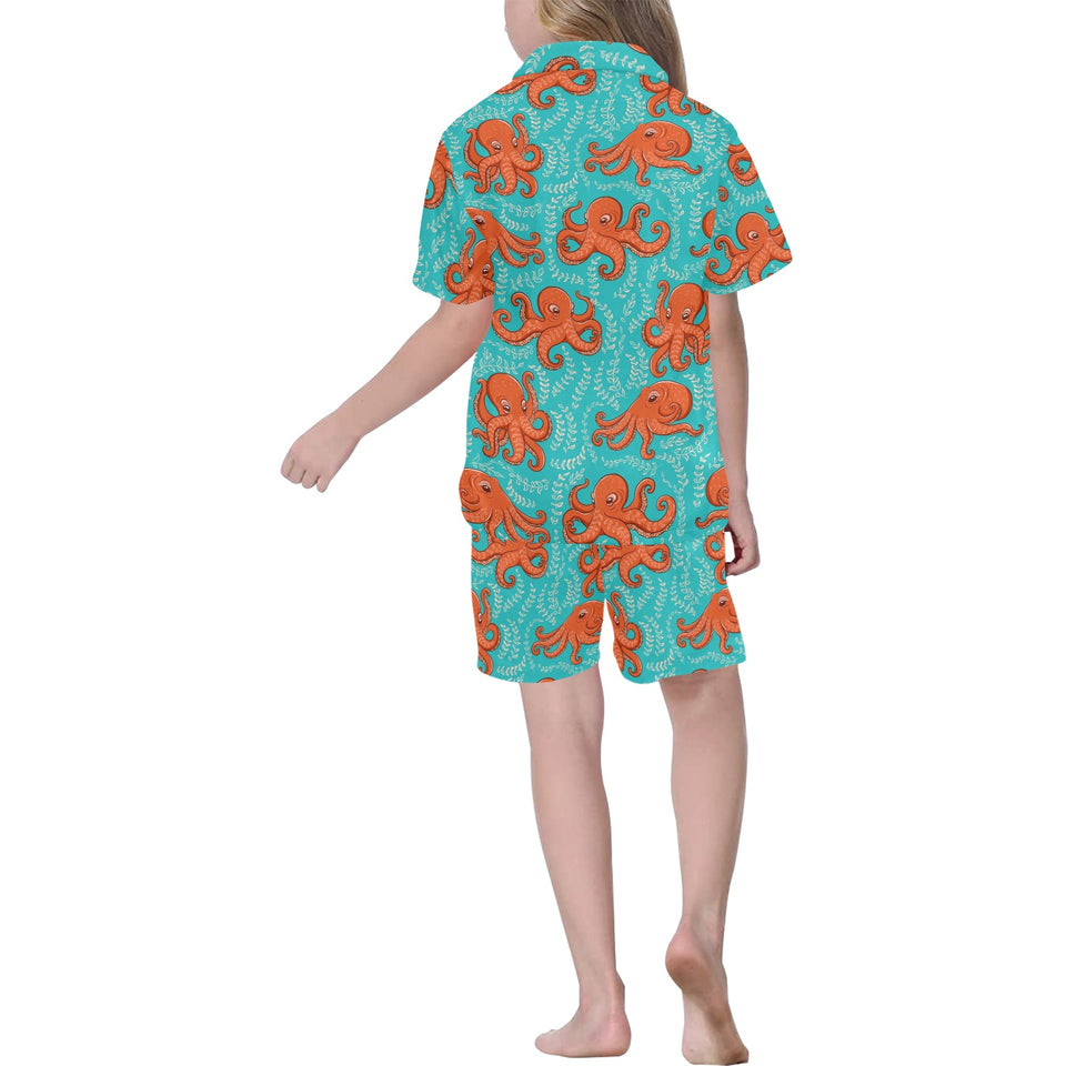 Octopus turquoise background Kids' Boys' Girls' V-Neck Short Pajama Set