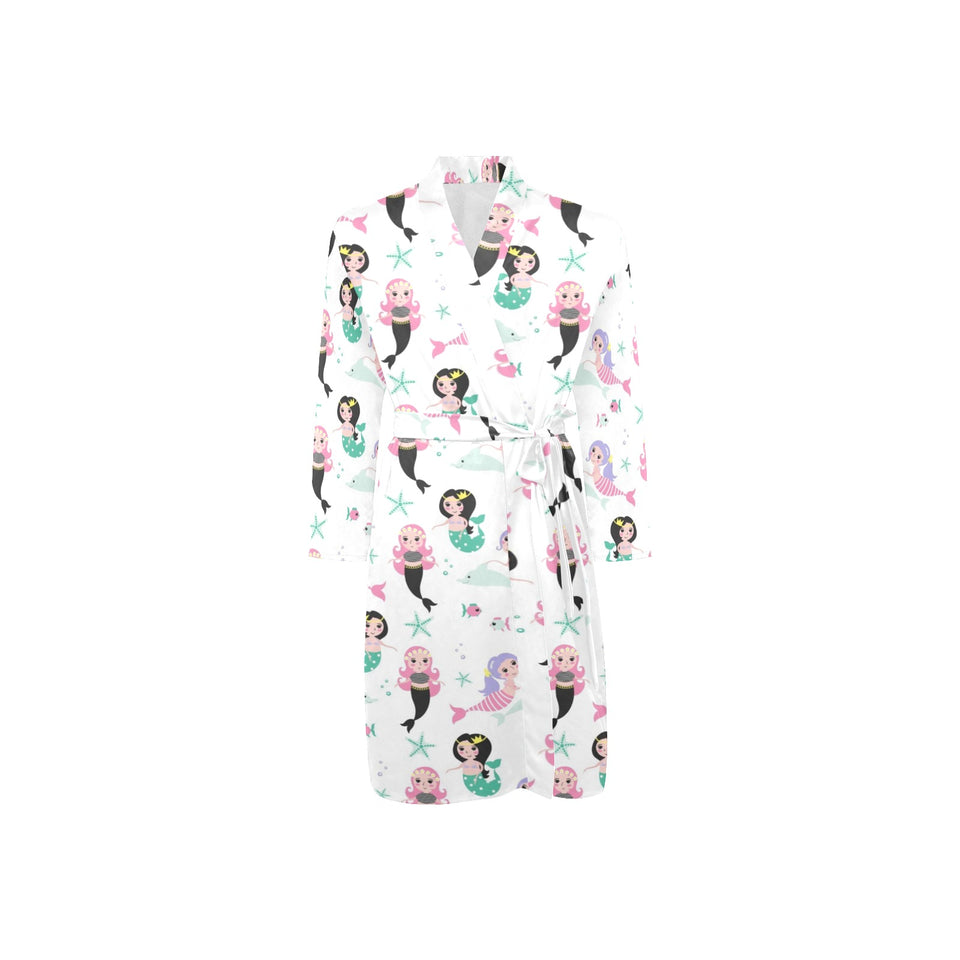 cute mermaid dolphin fish starfish pattern Men's Long Sleeve Belted Night Robe