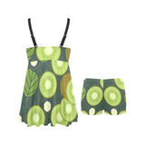 Whole sliced kiwi leave and flower Chest Sexy Pleated Two Piece Swim Dress