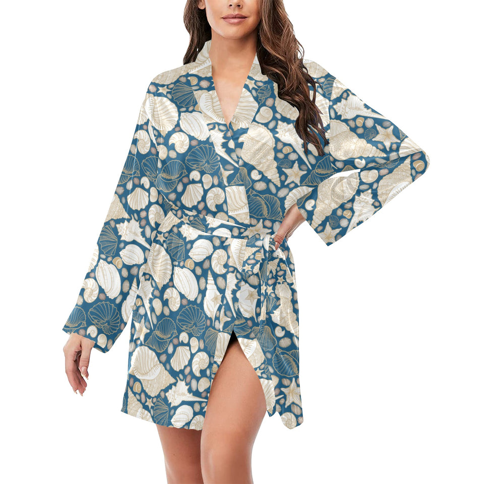 Sea turtle Polynesian Tribal design pattern Women's Long Sleeve Belted Night Robe