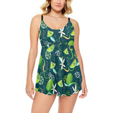 Lime ice flower pattern Chest Sexy Pleated Two Piece Swim Dress
