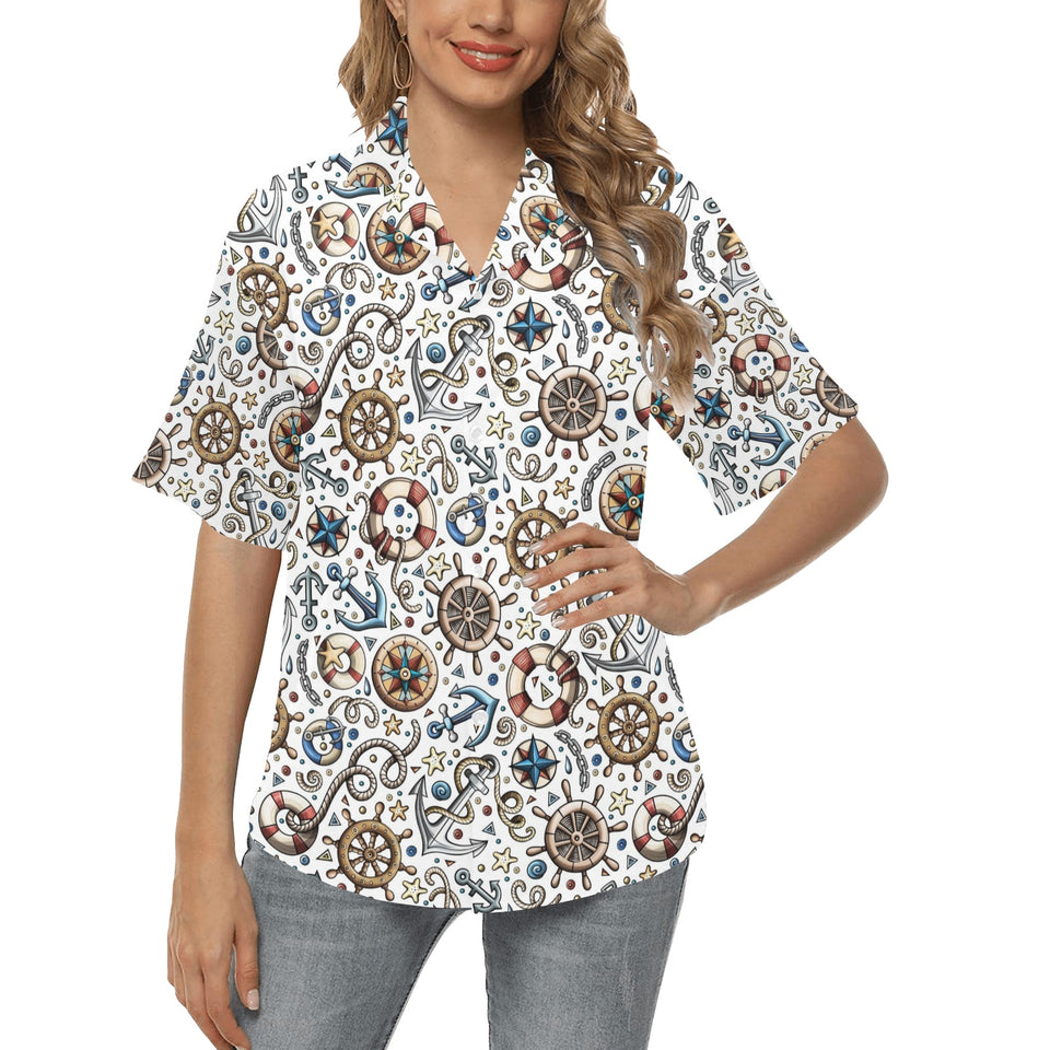 Cute nautical steering wheel anchor pattern Women's All Over Print Hawaiian Shirt