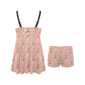Eiffel Tower Flower Pattern Design 03 Chest Sexy Pleated Two Piece Swim Dress