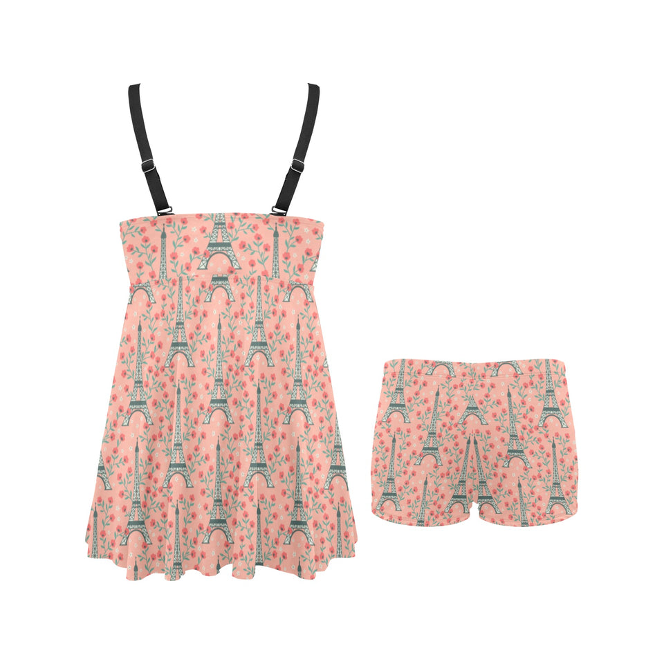 Eiffel Tower Flower Pattern Design 03 Chest Sexy Pleated Two Piece Swim Dress