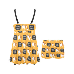 English Bulldog Pattern Print Design 04 Chest Sexy Pleated Two Piece Swim Dress