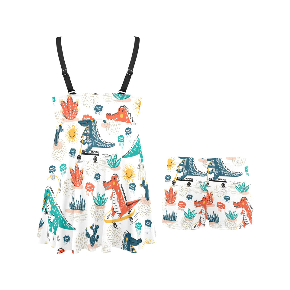 Cute Crocodile Pattern Chest Sexy Pleated Two Piece Swim Dress