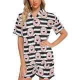 Donuts pink icing striped pattern Women's V-Neck Short Pajama Set